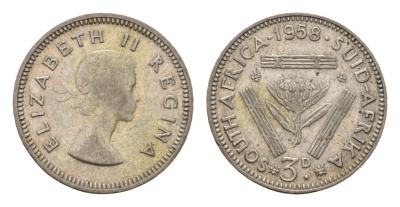 ЮАР 3 пенса 1958 Елизавета II (1952-2022) KM 47 серебро 4547-917