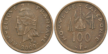 Французская Новая Каледония 100 франков 2000 хижина среди сосен и пальм, (IEOM) KM 15, Schoen 16, Lec 139d никель латунь 4144-631