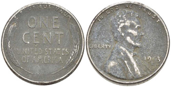 США 1 цент 1943 Авраам Линкольн KM 132а сталь плакированная цинком 218-143