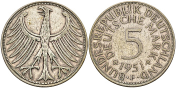 ФРГ 5 марок 1951 F KM 112.1, J. 387 серебро 4587-622
