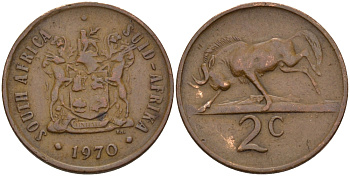 ЮАР 2 цента 1970 герб, антилопа гну KM 83 бронза 67-327