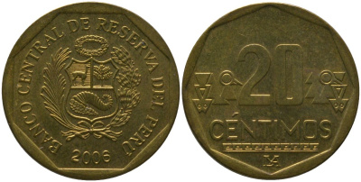 Перу 20 сентимо 2006 LIMA KM 306.4, Schon 105 латунь UNC 4543-1132