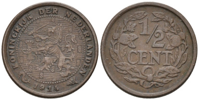 Нидерланды 1/2 цента 1914 Вильгельмина (1890-1948) KM 138 бронза 4576-355