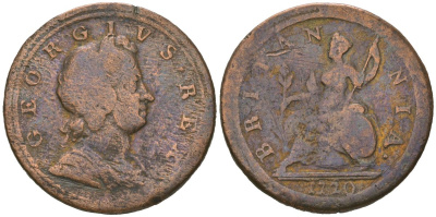 Великобритания 1/2 пенни 1720 Георг I (1714-1727) KM 556, Spink 3662 медь 441-925