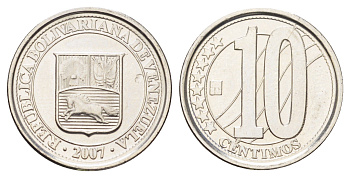 Венесуэла 10 сентимо 2007 Y 89 сталь плакированная никелем UNC 4697-1034