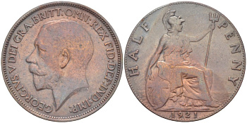 Великобритания 1/2 пенни 1921 Георг V (1910-1936) KM 809, Spink 4056 бронза 4519-713