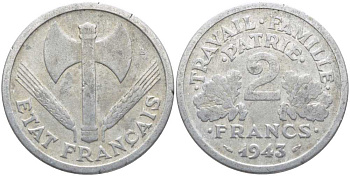 Франция 2 франка 1943 правительство Виши KM 904.1, LE FRANC 270.2 алюминий 109-1221