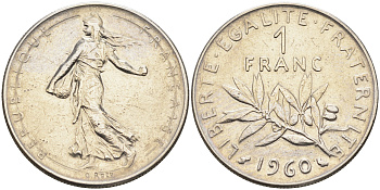 Франция 1 франк 1960 сеятель KM 925.1, LE FRANC 226.4 никель    4177-224
