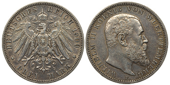 Вюртемберг 3 марки 1909 F, Вильгельм II (1891-1918) Weege 171, J.175, KM 635 серебро 00-000-00