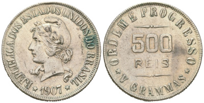 Бразилия 500 рейс 1907 голова Свободы влево KM 506 серебро 4615-612