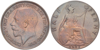 Великобритания 1/2 пенни 1921 Георг V (1910-1936) KM 809, Spink 4056 бронза 4519-713