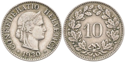 ШВЕЙЦАРИЯ 10 РАППЕНОВ 1930 В KM 27 медно-никель 3309-533