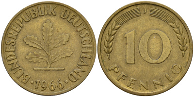ФРГ 10 пфеннигов 1966 J J. 383, KM 108 сталь плакированная латунью    4603-327