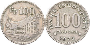 Индонезия 100 рупий 1973 хижина минангкабау KM 36 медно-никель 4143-1253