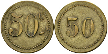 Франция 50 сантимов XIX-XX век ресторанный жетон латунь 4166-1245