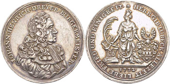 Любек медаль 1732 портрет бургомистра Иоганна Хейнриха Дрейлера диаметр 40,67 мм вес 14,13 гр. (rare), about extremely fine Behrens 715 a; R?hl 300.50 серебро 00-814-09