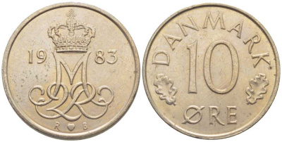 Дания 10 эре 1983 R; B, Маргрете  II (1972-2024) KM 860.3 медно-никель 116-254