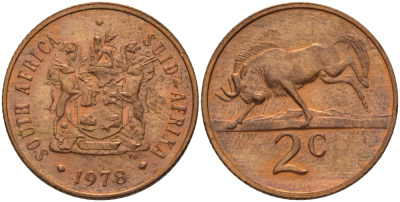 ЮАР 2 цента 1978 герб, антилопа гну KM 83 бронза UNC 67-341