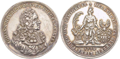 Любек медаль 1732 портрет бургомистра Иоганна Хейнриха Дрейлера диаметр 40,67 мм вес 14,13 гр. (rare), about extremely fine Behrens 715 a; R?hl 300.50 серебро 00-814-09