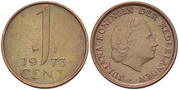 НИДЕРЛАНДЫ 1 ЦЕНТ 1973 КОРОЛЕВА ЮЛИАНА KM 180 бронза 3955-137