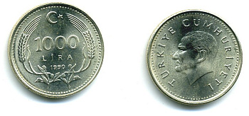 Турция 1000 лир 1990 Кемаль Ататюрк KM 997 медь цинк никель 25-356