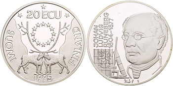 Финляндия 20 экю 1995 Йохан Людвиг Рунеберг серебро PROOF 1081-5-63