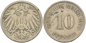 Германия 10 пфеннигов 1900 J KM 12, J. 13 медно-никель 4401-1212