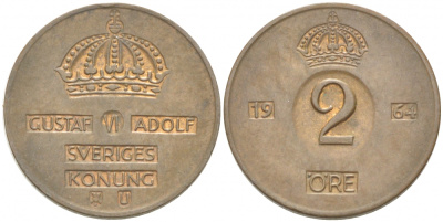 Швеция 2 эре 1964 U, Густав VI Адольф (1950-1973) КМ 821 бронза 77-514