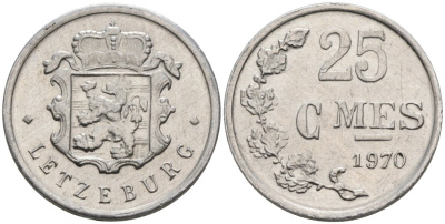Люксембург 25 сантимов 1970 Герцог Жан (1964-1999) KM 45a.1 алюминий 4564-916