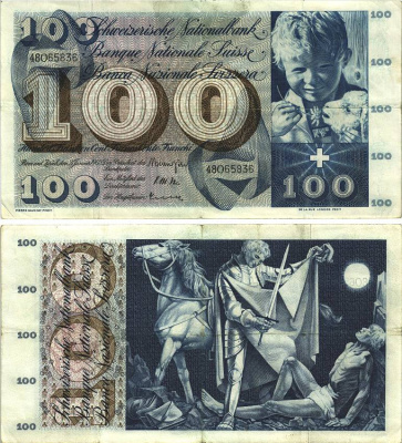 Швейцария 100 франков 1965 23 декабря 1965, серия 48 O, подпись 41 Pick 49 h бумага 8606-21-2-1