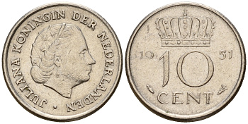 Нидерланды 10 центов 1951 Юлиана (1949-1980) KM 182 никель    4598-268