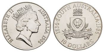 Австралия 10 долларов 1986 150 лет штату Южная Австралия KM 88 серебро BU 11-077-14