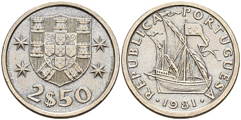 Португалия 2,5 эскудо 1981 парусник KM 590 медно-никель  UNC  4160-1226
