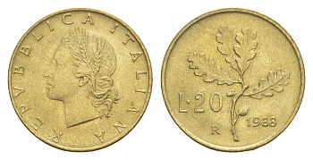Италия 20 лир 1988 R, дубовая ветвь KM 97.2 алюминиевая бронза UNC 4549-136