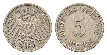 Германия 5 пфеннигов 1908 G, Вильгельм II (1888-1918) KM 11, J. 12 медно-никель 4640-128