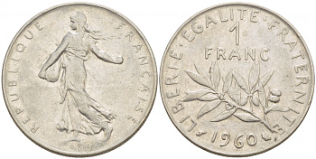 ФРАНЦИЯ 1 ФРАНК 1960 СЕЯТЕЛЬ KM 925.1, LE FRANC 226.4 никель 4546-1236