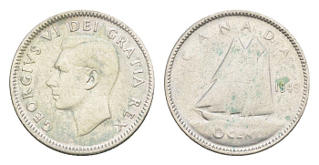 Канада 10 центов 1949 Георг VI (1936-1952), парусник KM 43 серебро 4639-553