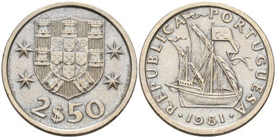 Португалия 2,5 эскудо 1981 парусник KM 590 медно-никель  UNC  4160-1226