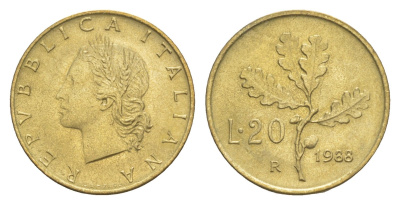 Италия 20 лир 1988 R, дубовая ветвь KM 97.2 алюминиевая бронза UNC 4549-136