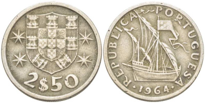 Португалия 2,5 эскудо 1964 парусник KM 590 медно-никель 4513-1133