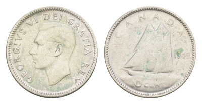 Канада 10 центов 1949 Георг VI (1936-1952), парусник KM 43 серебро 4639-553