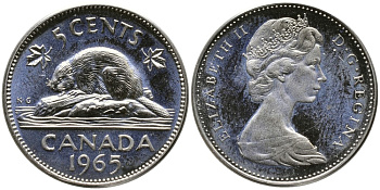 Канада 5 центов 1965 Елизавета II (1952-2022), бобер KM 60.1 никель UNC 4543-622