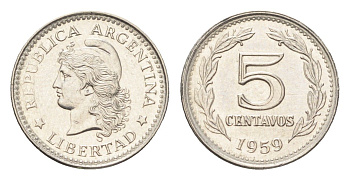 Аргентина 5 сентаво 1959 KM 53 сталь плакированная никелем UNC 4664-165