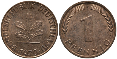 ФРГ 1 пфенниг 1970 J KM 105, J.380 сталь плакированная медью 99-315
