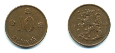 Финляндия 10 пенни 1919 KM 24 медь 37-156