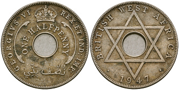 Британская Западная Африка 1/2 пенни 1947 H, Георг VI KM 18 медно-никель 25-1041