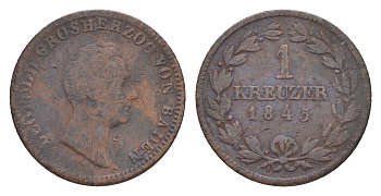 Баден 1 крейцер 1845 Леопольд (1830-1852) KM 203 медь 4639-449