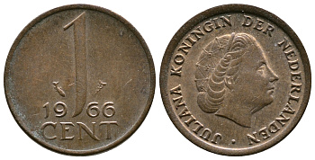 НИДЕРЛАНДЫ 1 ЦЕНТ 1966 ЮЛИАНА KM 180 бронза 75-1647