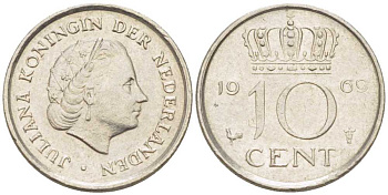 Нидерланды 10 центов 1969 Юлиана (1948-1980) KM 182 никель 214-1236