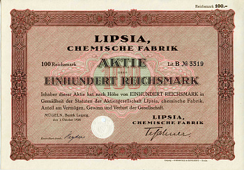 Германия 100 рейхсмарок 1928 АО Липсия, химический завод, акция   бумага   8803-14-1